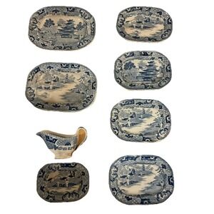 Victorian Childs Blue Transferware Tea Set 7 Plates Creamer Clew Warranted